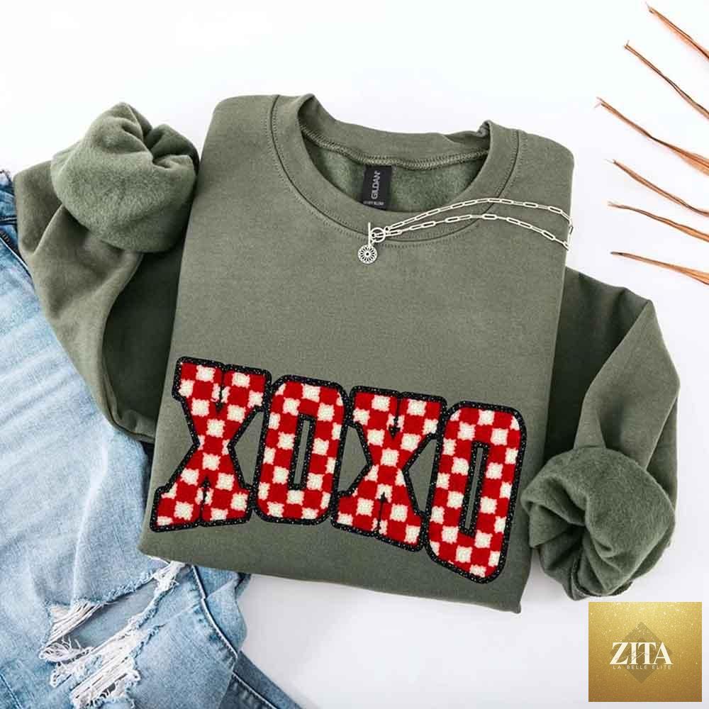 Furry printed checkered Valentine sweatshirt by Adorb Custom Tees featuring XOXO design and cozy fabric.