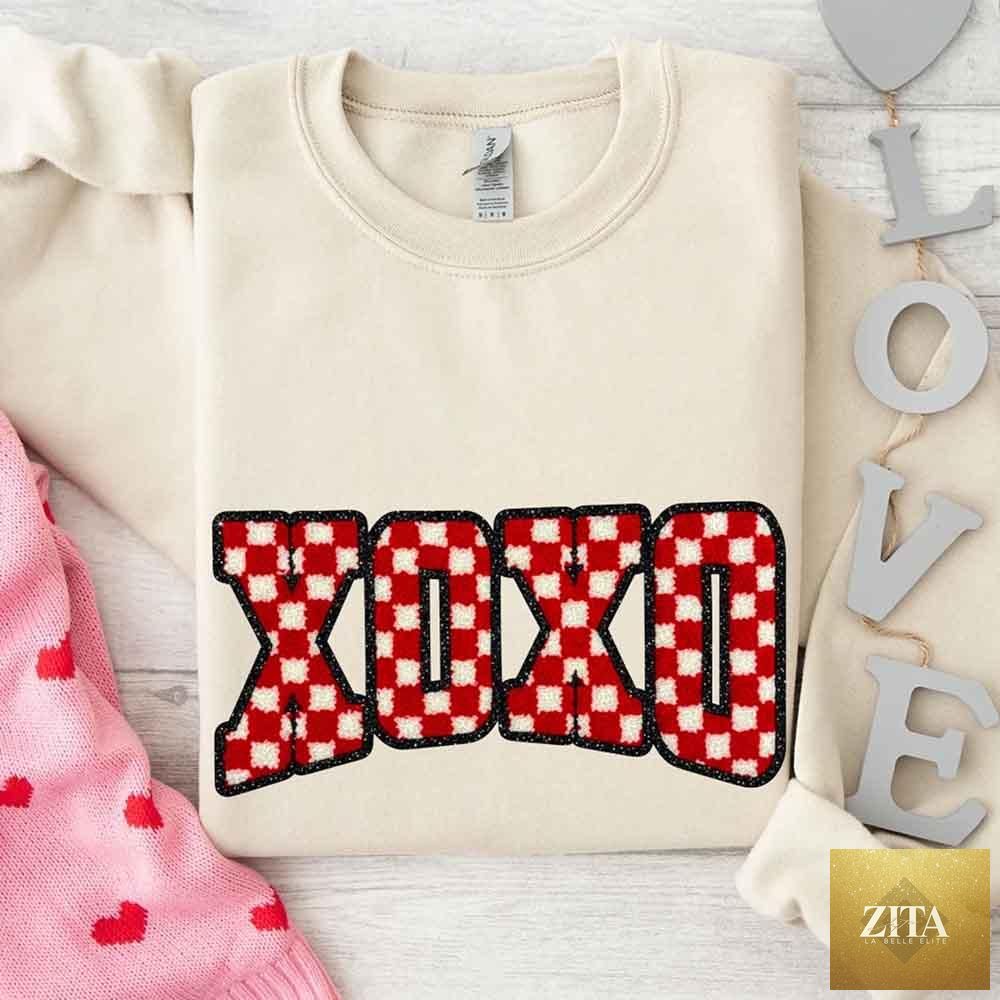 Furry checkered Valentine sweatshirt by Adorb Custom Tees featuring XOXO print and cozy, printed sweater design.