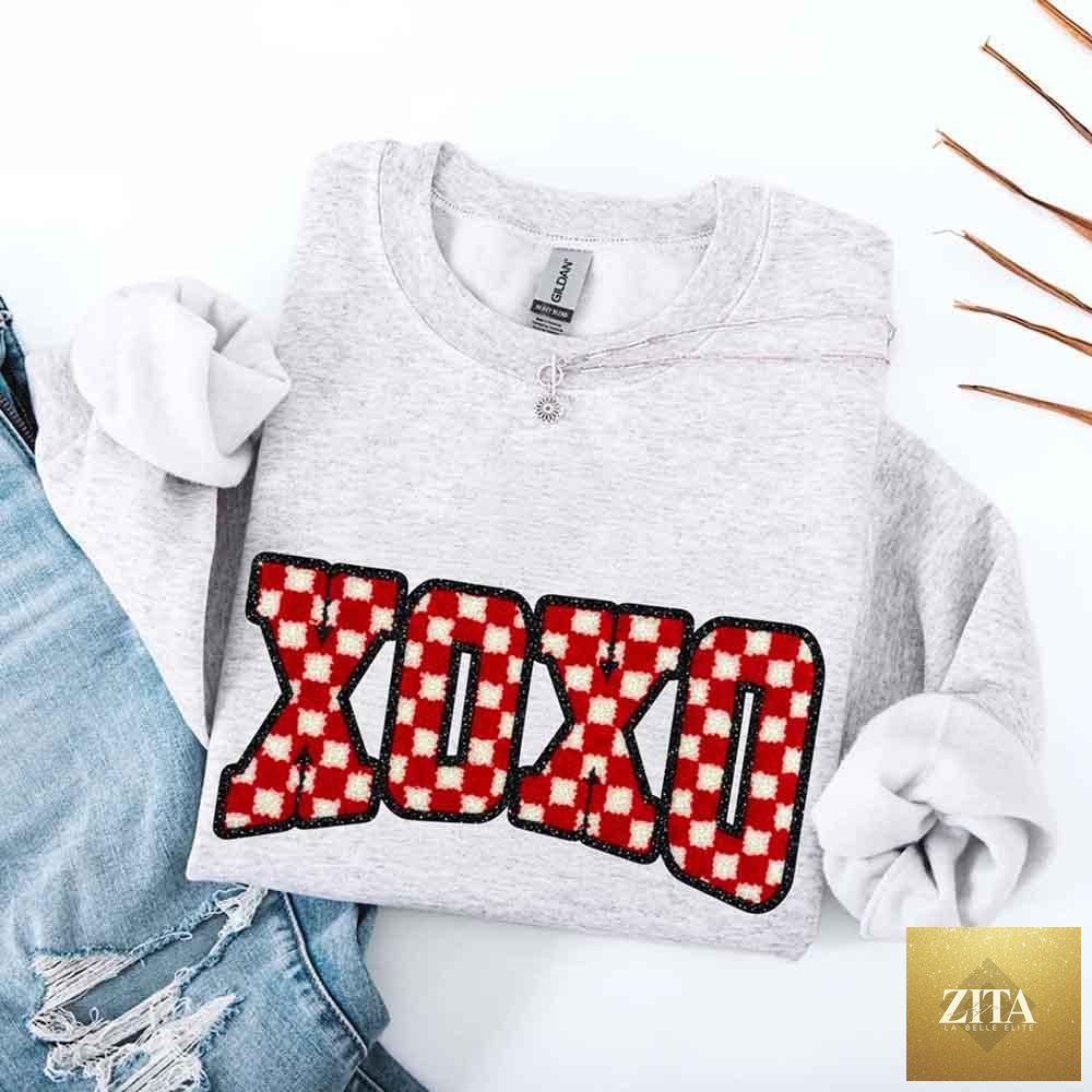 Adorb Custom Tees XOXO checkered Valentine sweatshirt with furry printed design, cozy sweater for casual wear.