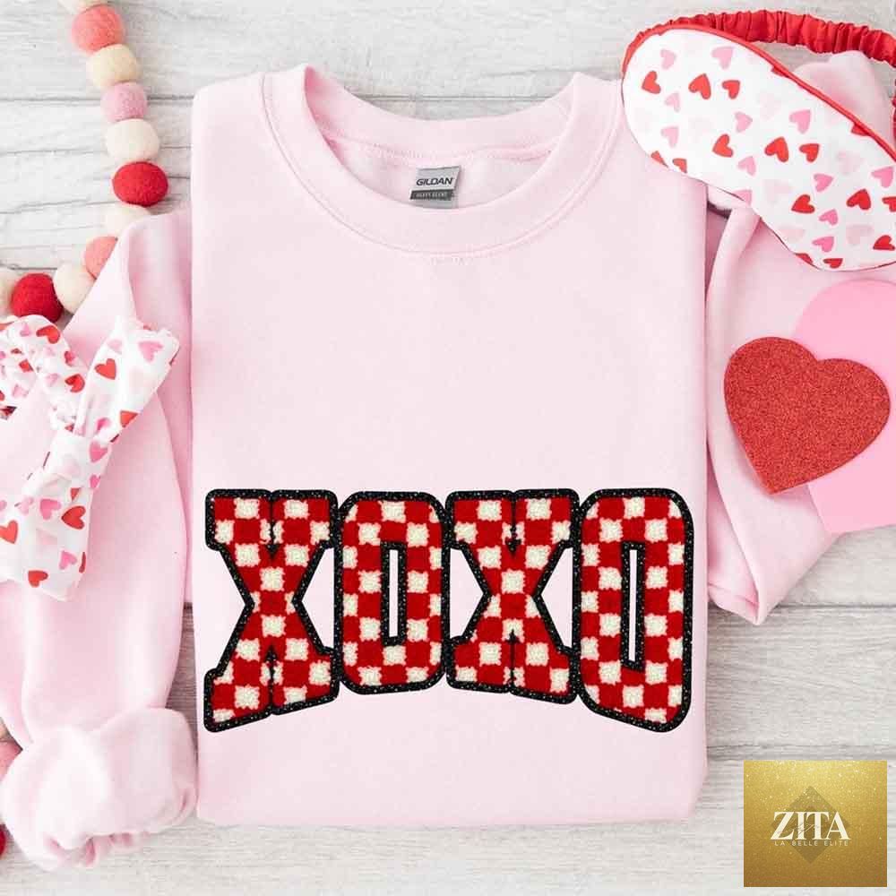 Furry checkered Valentine sweatshirt by Adorb Custom Tees featuring XOXO print, cozy and stylish for casual wear
