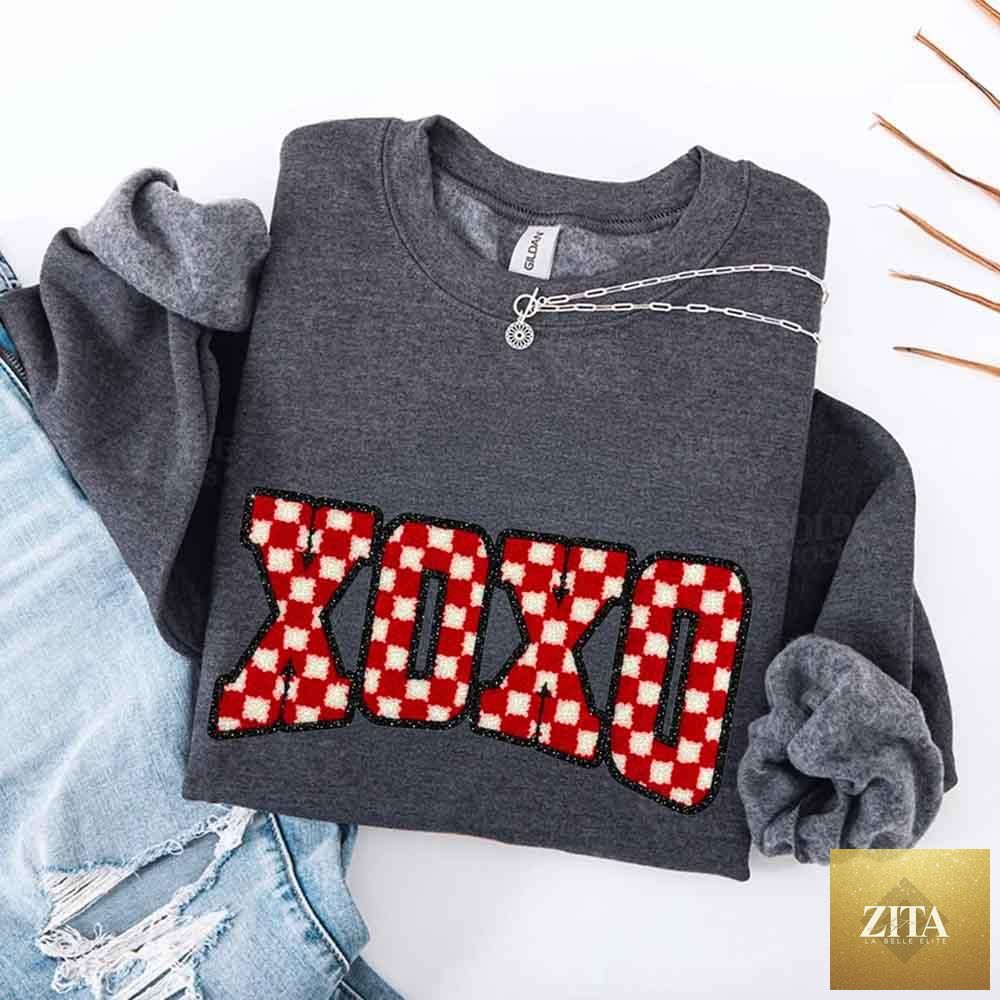 Furry checkered Valentine sweatshirt with XOXO print from Adorb Custom Tees, featuring a cozy, printed sweater design.