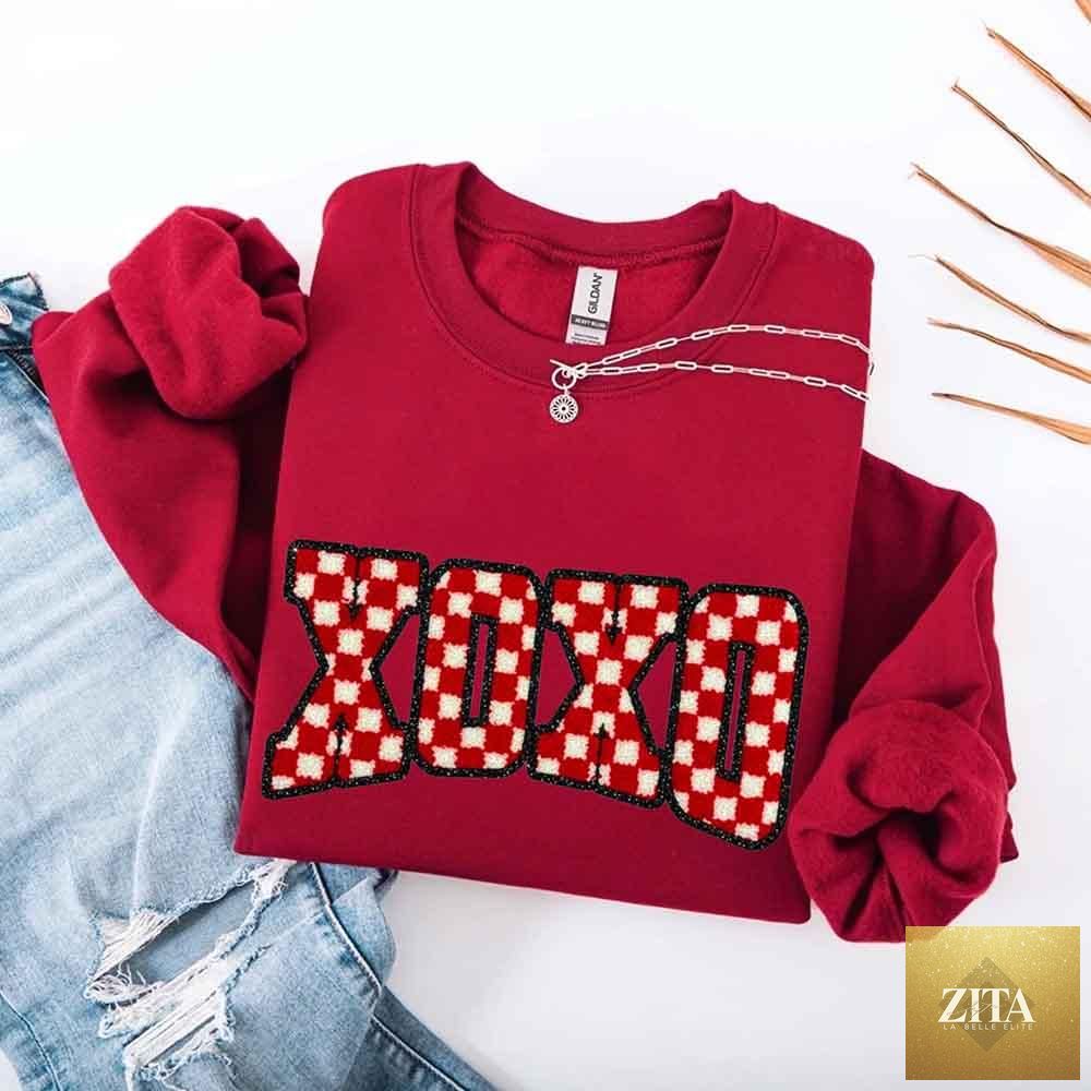 Furry checkered Valentine sweatshirt by Adorb Custom Tees featuring XOXO print and cozy, printed sweater design.