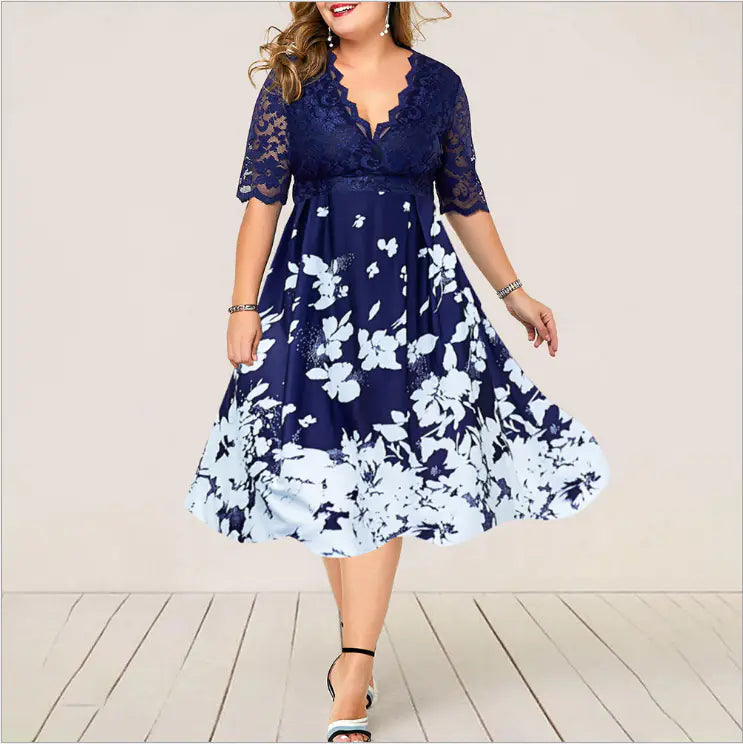 Plus size elegant blue lace summer evening dress for women, featuring intricate lace details and a flowing silhouette.