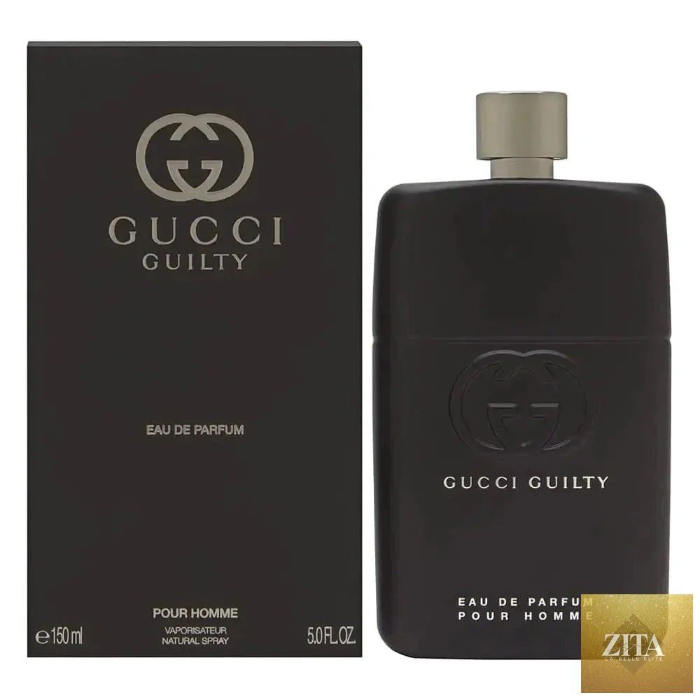 Gucci Guilty men's Eau de Parfum 150mL bottle with sleek design and black cap, displayed on a neutral background.