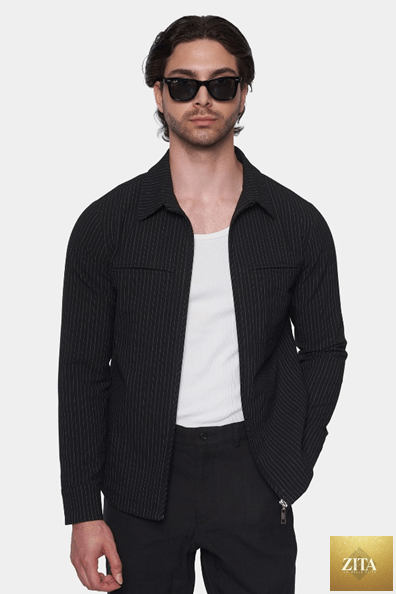 Black pinstripe Luxe Zip Jacket by Bright Moons, featuring a stylish zip closure and tailored fit.