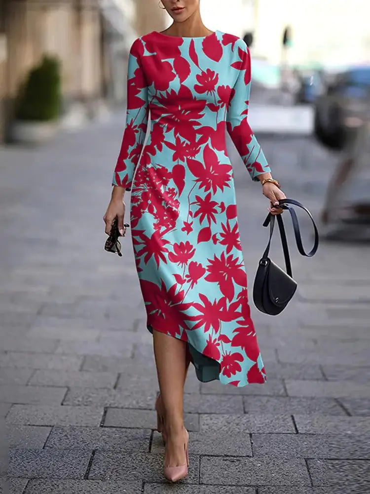 Spandex A-line Dress with Round Neck Pullover Design