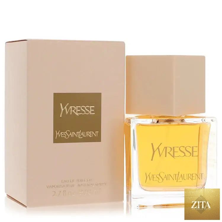Yvresse by Yves Saint Laurent perfume for women in a sleek glass bottle with gold accents, displayed on a neutral background.
