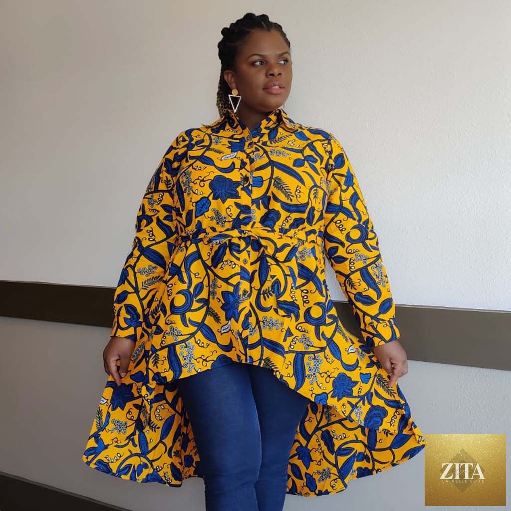 Blue and yellow Kente African print high-low button-up shirt by Duma Mbili LLC, featuring vibrant traditional patterns.