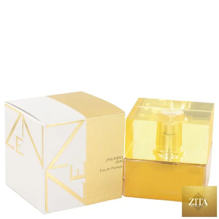 Shiseido Zen perfume for women by Gamer Scents, elegant glass bottle with a minimalist design, showcasing the fragrance.
