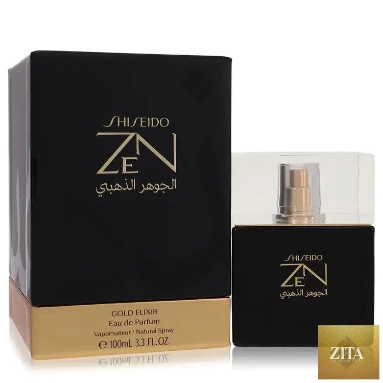 Shiseido Zen Gold Elixir perfume bottle with gold accents, elegant design, for women from Gamer Scents.