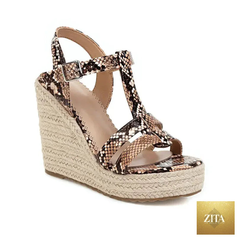 Large snake print wedge platform high heel sandals for women with open toes and ankle straps from Trendy Attic Store01