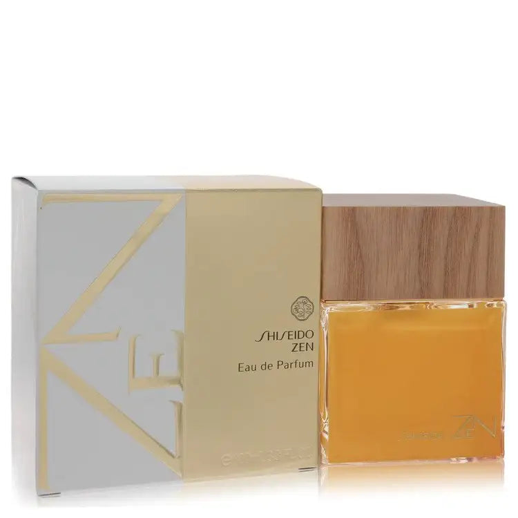 Elegant bottle of Zen by Shiseido women’s perfume by Gamer Scents, showcasing sleek design and clear glass with fragrance inside.
