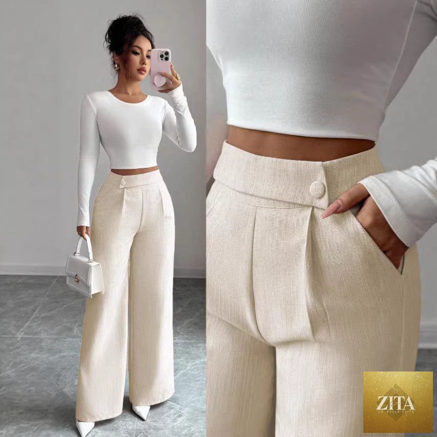 Women's high-waist straight-leg pants by Zita La Belle Elite, solid color with button detail, full-length and stylish.