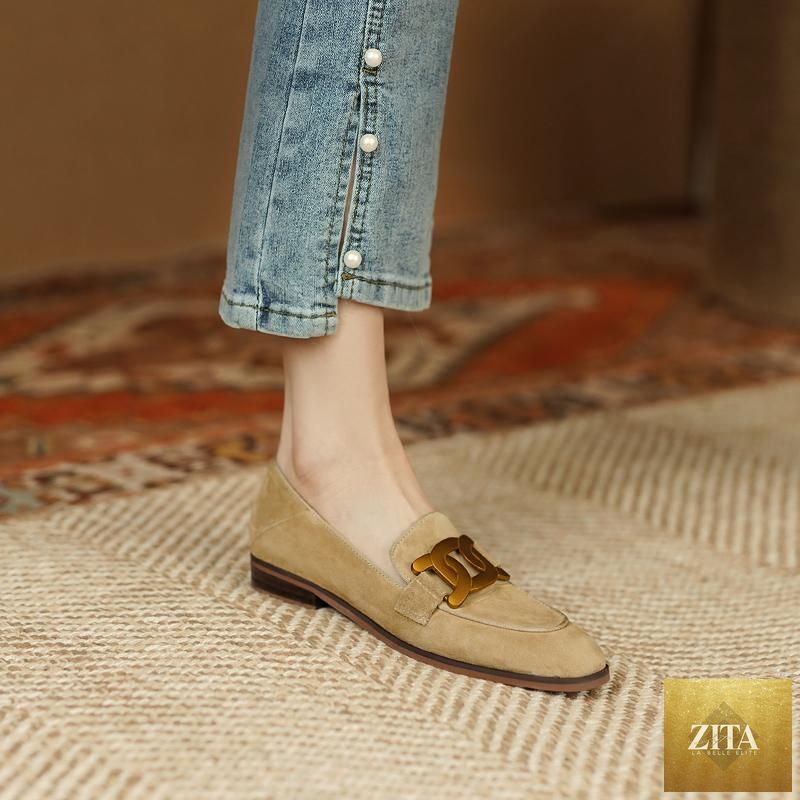 Women's retro suede loafers with metal buckle, platform chunky heel, slip-on design, by FitiqueFit.