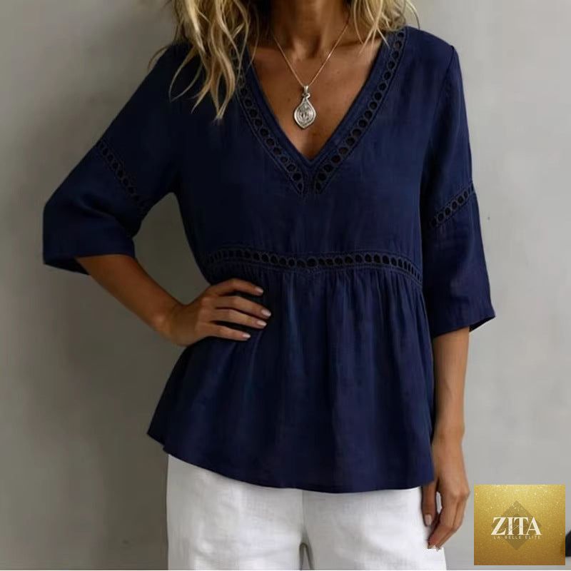 Women's V-neck hollow-out fringe cotton-linen top by Zita La Belle Elite, featuring casual style with fringe and breathable fabric.