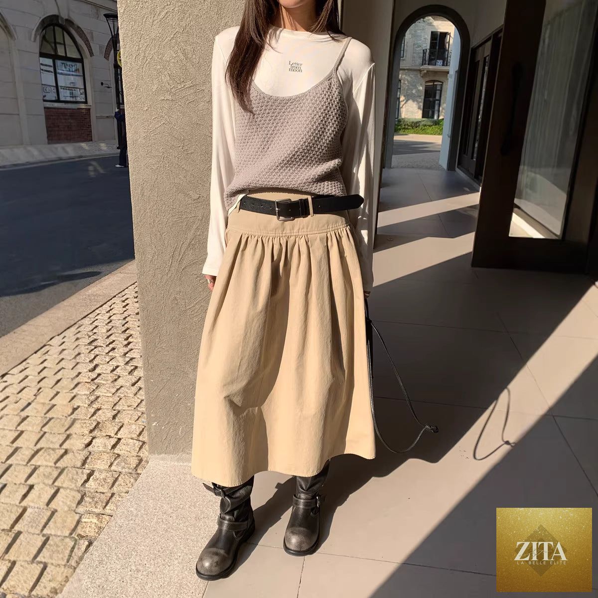 Zita La Belle Elite casual cotton midi skirt with relaxed A-line fit, crushed pleats, and matching belt, perfect for casual wear.