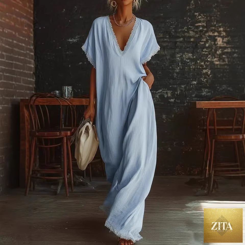 Lace-trimmed loose linen cotton long dress for women by Zita La Belle Elite, featuring casual style and relaxed fit.