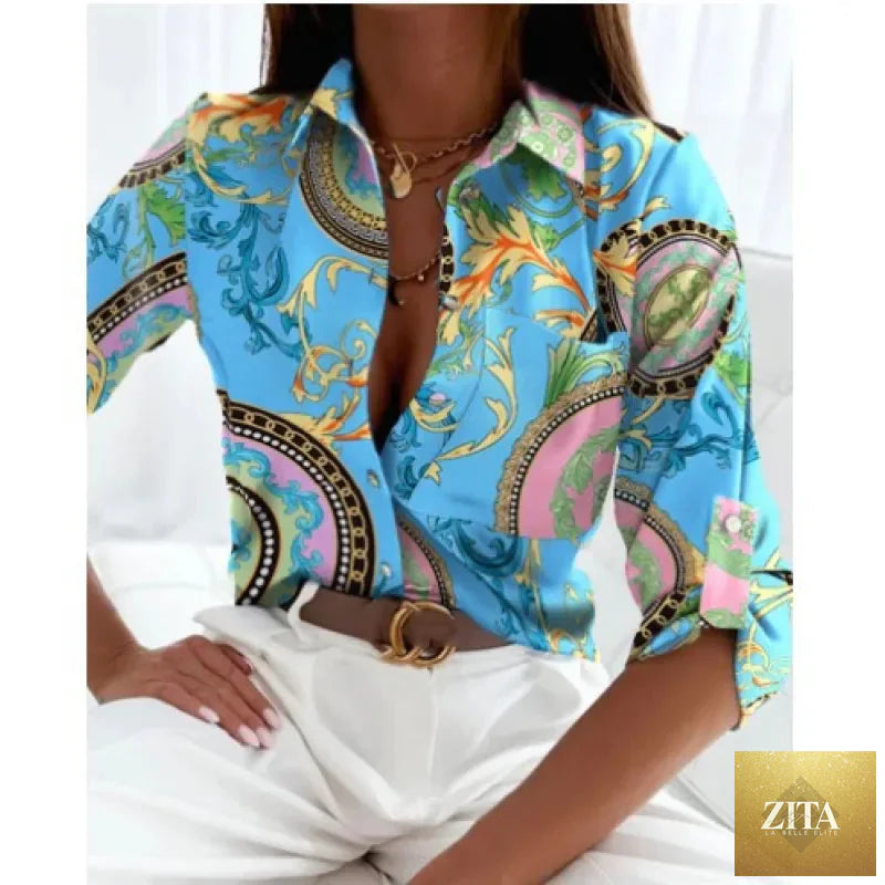 Women’s printed long-sleeve lapel shirt by FitiqueFit, casual elegant blouse with floral pattern, long sleeves, and lapel collar.