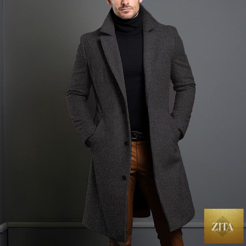 Men's mid-length trench coat by Social Buzz eSIMs, fall winter slim-fit overcoat with pockets, single-breasted collar, casual business style.