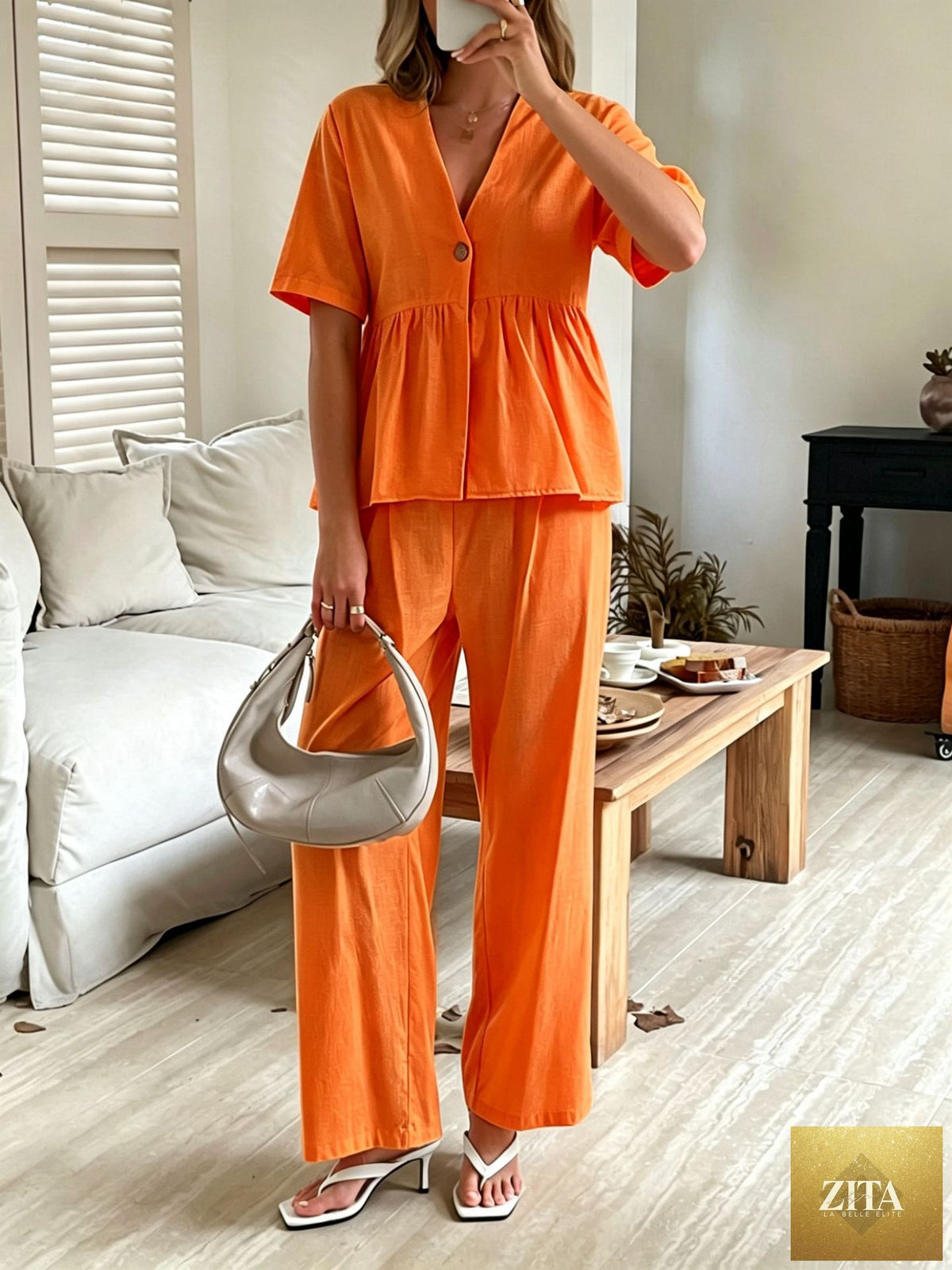 Zita La Belle Elite women's casual V-neck loose short-sleeve top with wide-leg pants set, shown in a relaxed fit and comfortable fabric.