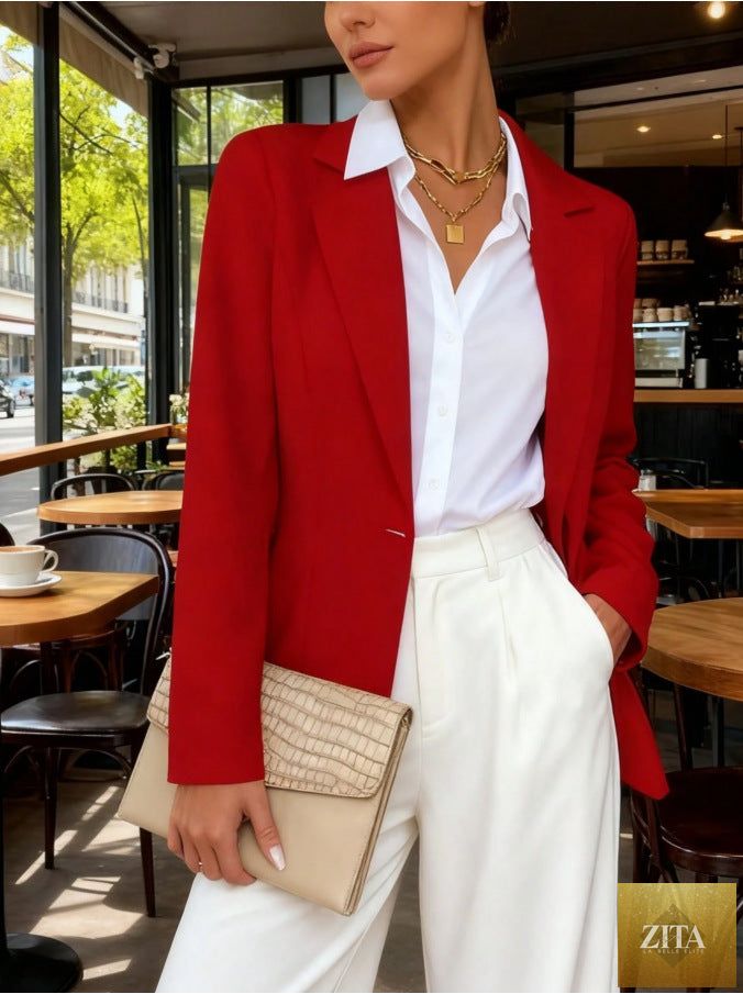 Women's slim fit blazer with lapel collar and long sleeves, featuring a waist-cinched design by FitiqueFit.