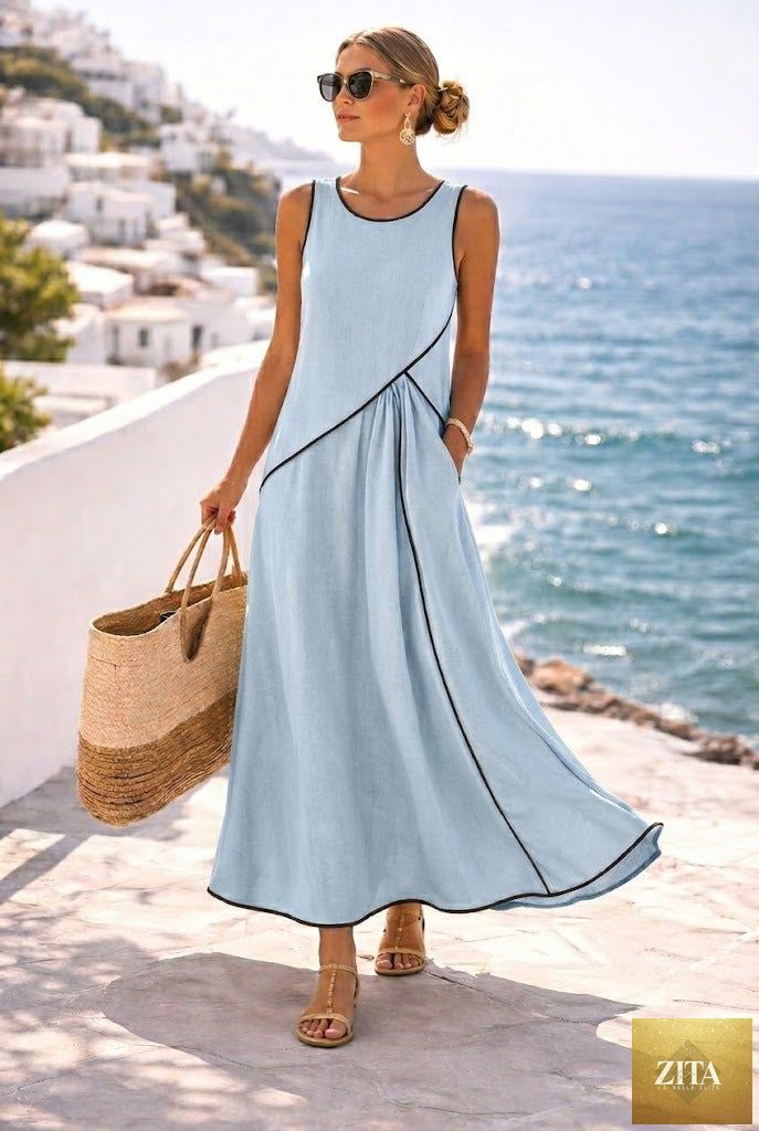 Mediterranean contrast color vacation dress by FitiqueFit in various colors, casualwear with a relaxed fit, S–3XL size options.