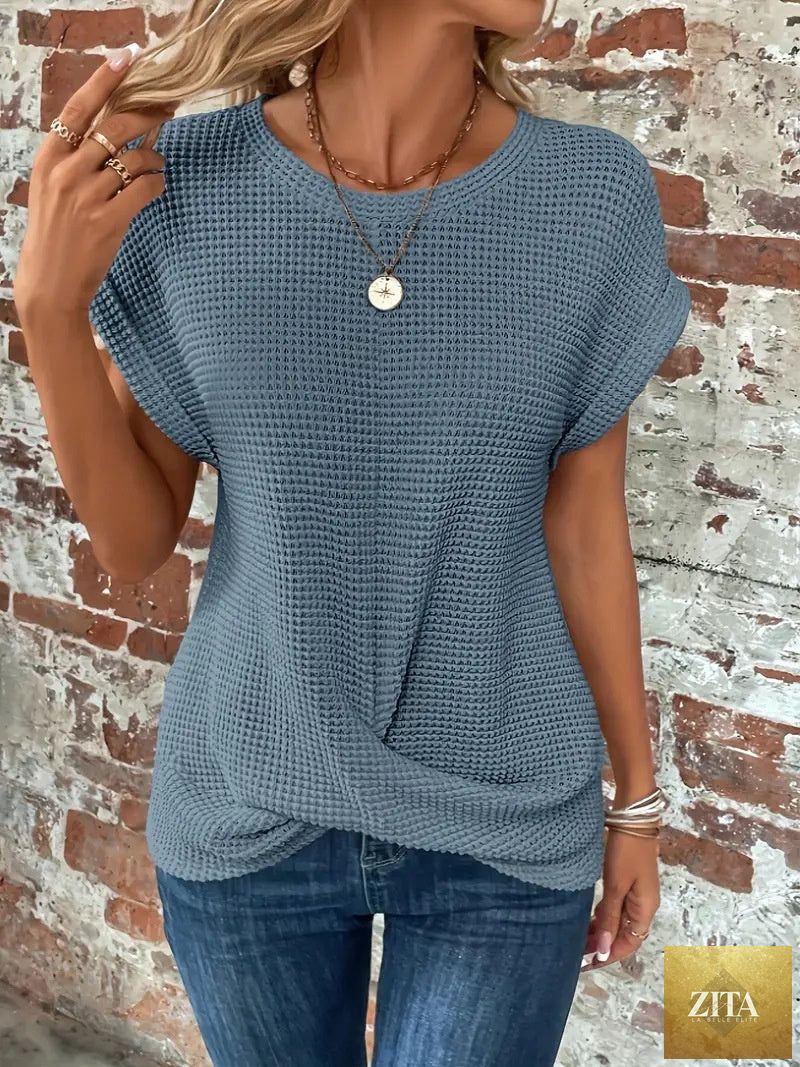 Women’s textured cuff short-sleeve tee by FitiqueFit, casualwear top with a relaxed fit and stylish textured fabric.