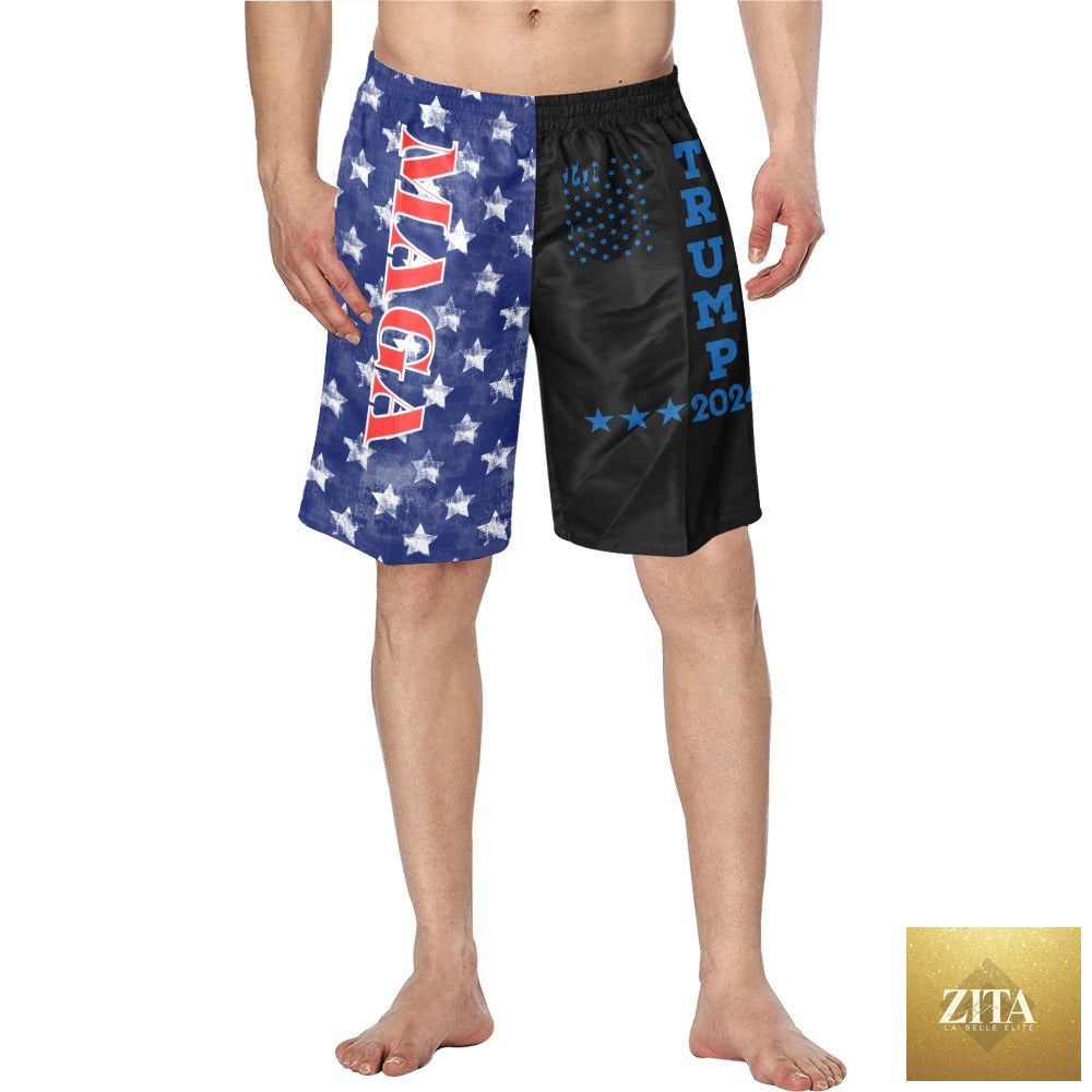 We the People Trump Maga swim trunks by Baha Ranch Western Wear, featuring patriotic design and summer beach shorts style.