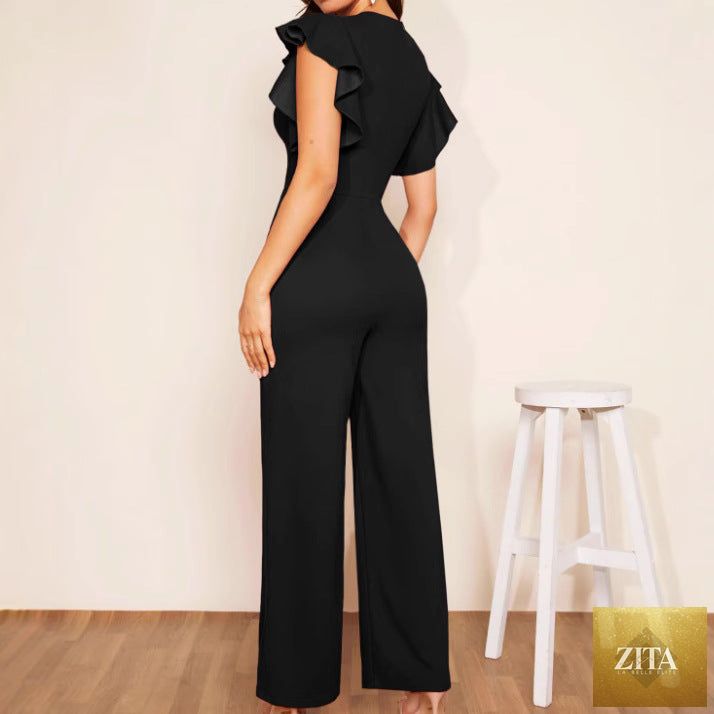 Women's elegant high-waist ruffle trim jumpsuit in three colors, casualwear by Zita La Belle Elite, displayed on a model.