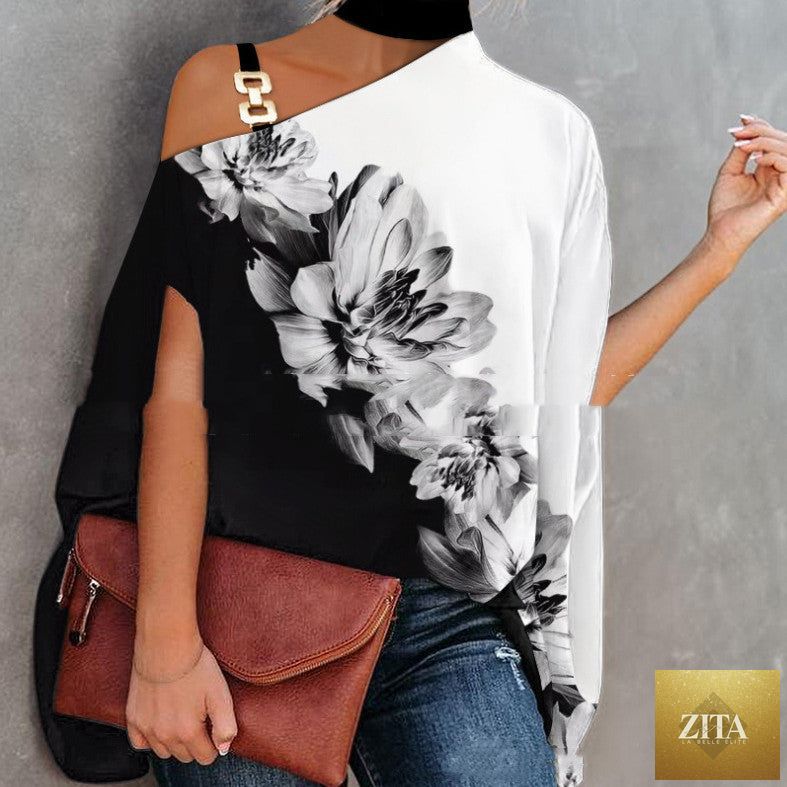 Women’s one-shoulder printed T-shirt by Zita La Belle Elite, casualwear top with bold graphic design and relaxed fit.