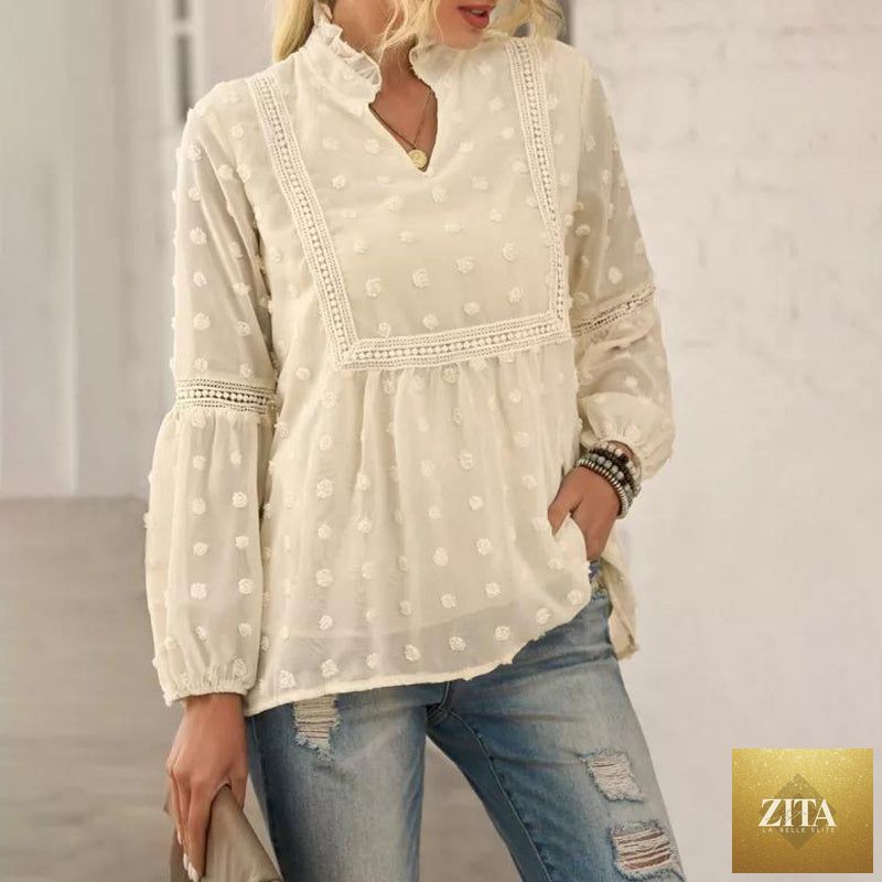 Women’s long-sleeve V-neck business casual blouse by FitiqueFit, shown in a neutral color, tailored fit, and soft fabric.