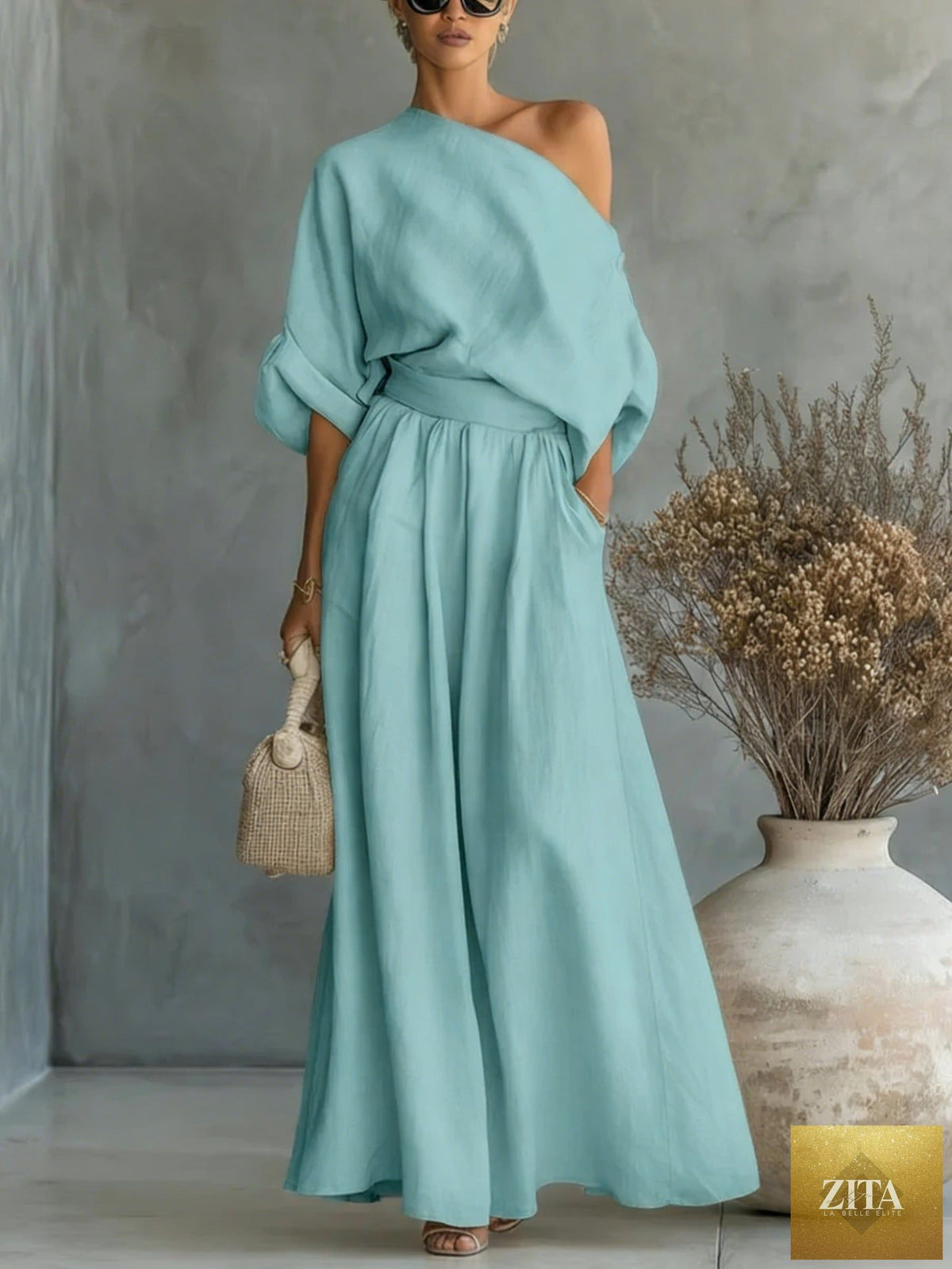 Zita La Belle Elite casual two-piece set with cropped off-shoulder top and matching pants in various colors, size S–5XL.