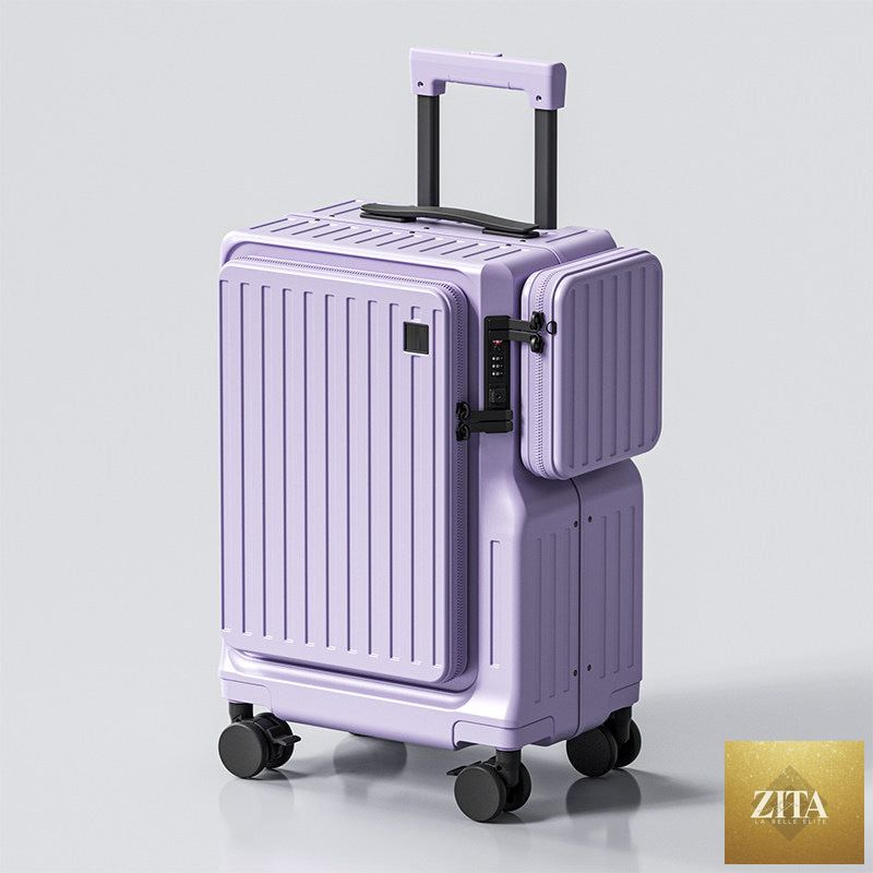 Social Buzz eSIMs front-opening 20-inch carry-on suitcase with durable exterior and convenient front access for travel.
