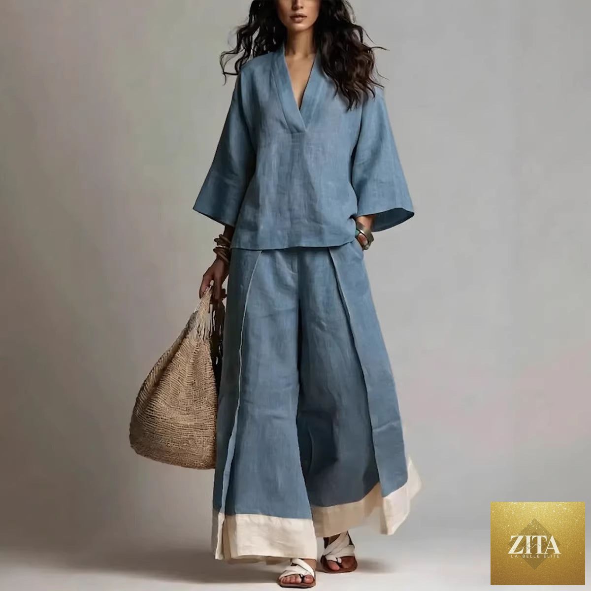 Women’s cotton-linen V-neck shirt and wide-leg pants set by FitiqueFit, featuring a V-neck top with 3/4 sleeves and matching wide-leg pants.