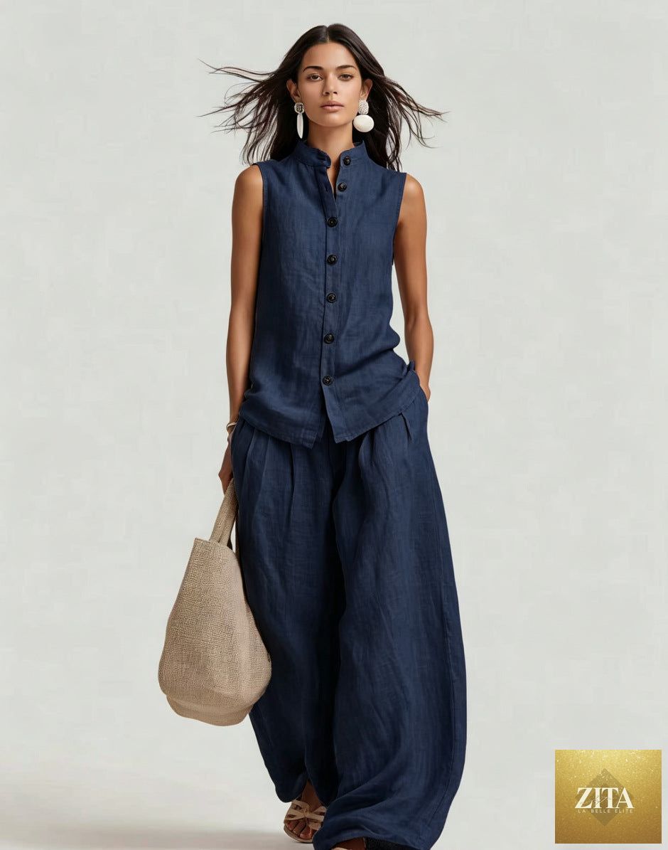 Zita La Belle Elite women's casual sleeveless top with stand collar and high-waist wide-leg pants set, stylish and comfortable.