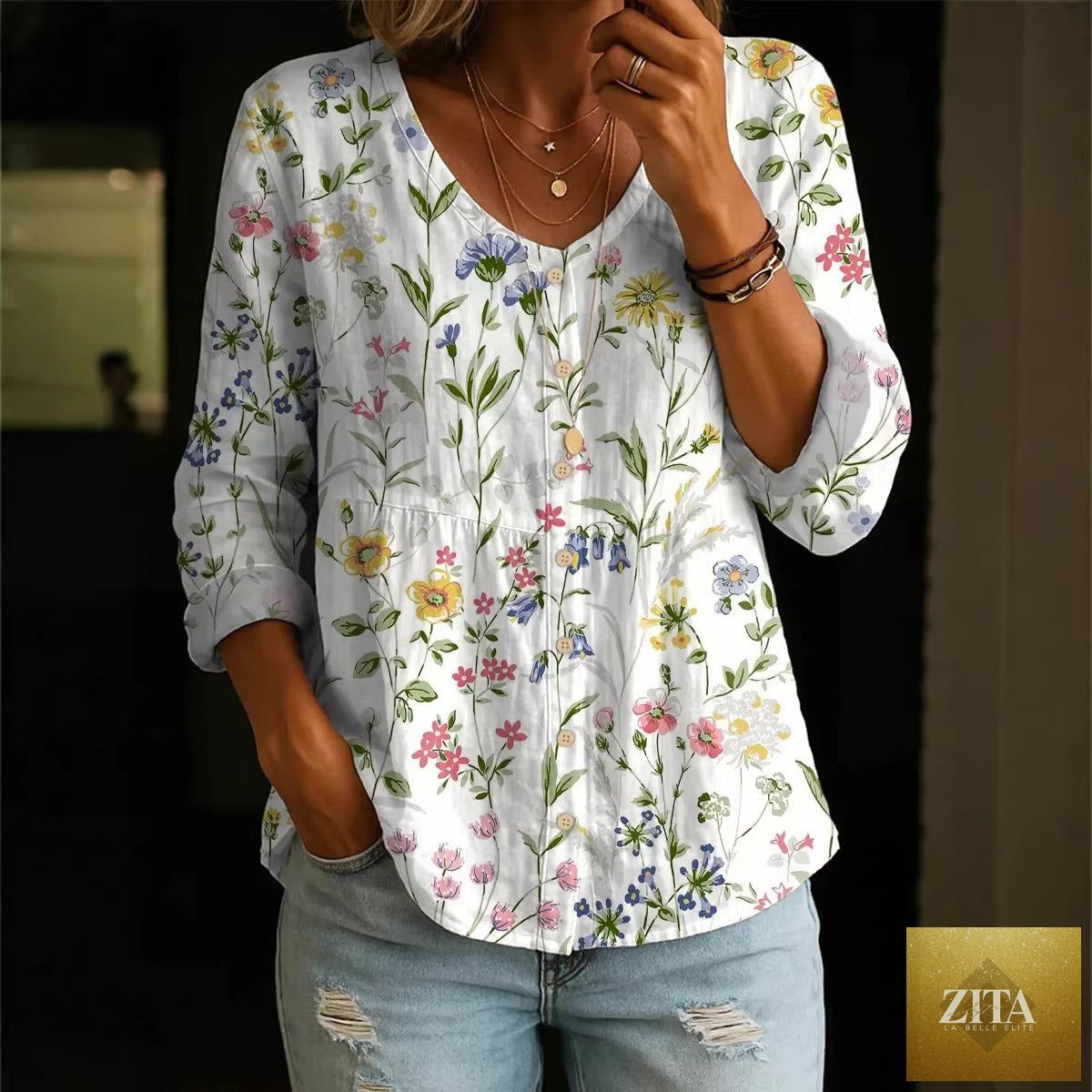 Plus-size printed boho cardigan by Zita La Belle Elite, loose fit with 3/4 sleeves, perfect for casual and stylish wear.