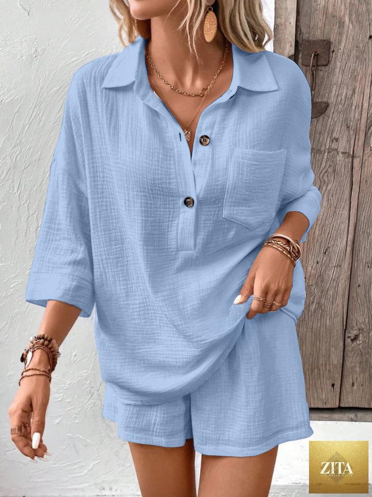 Zita La Belle Elite women's casual two-piece set with a lapel collar shirt and matching shorts, in lightweight fabric.