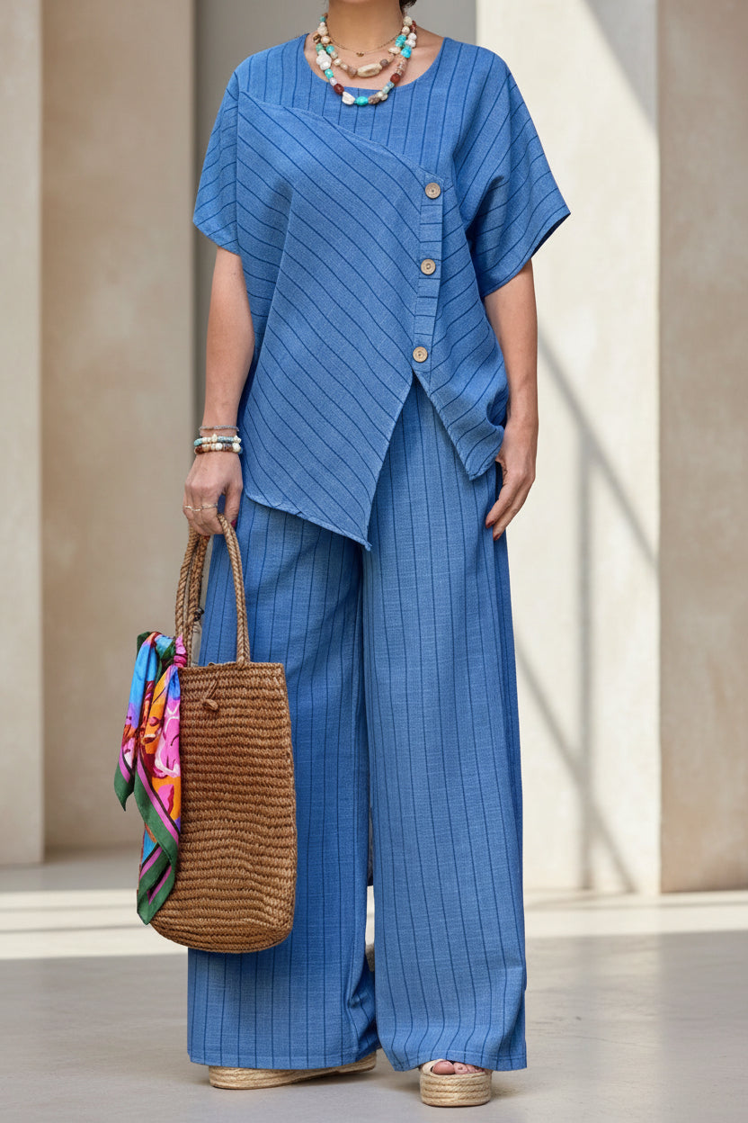 FitiqueFit striped casual shirt and loose pants set with three-quarter sleeves, perfect for comfortable everyday wear.
