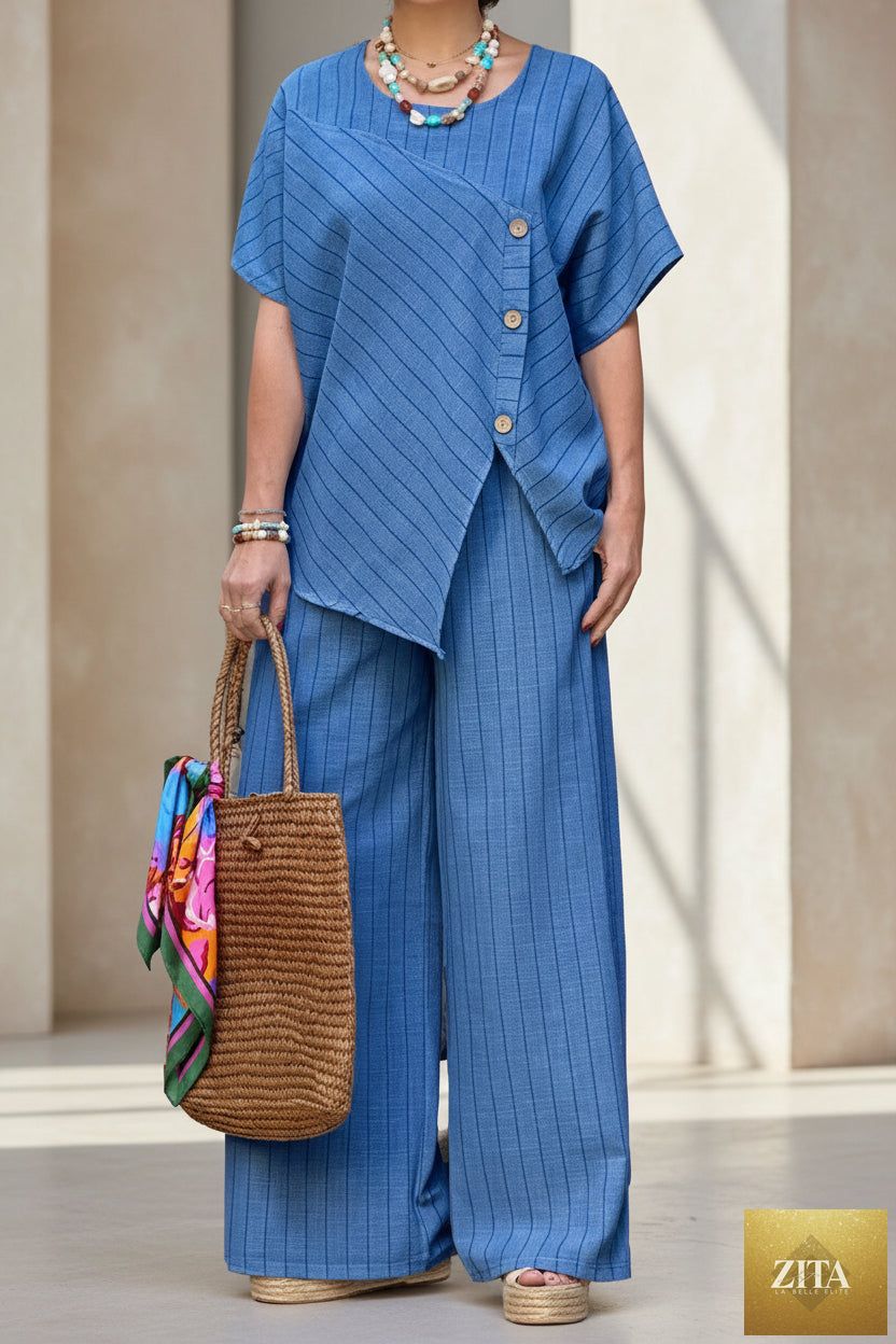 Zita La Belle Elite striped shirt and loose pants set, casualwear, featuring three-quarter sleeves and a relaxed fit.