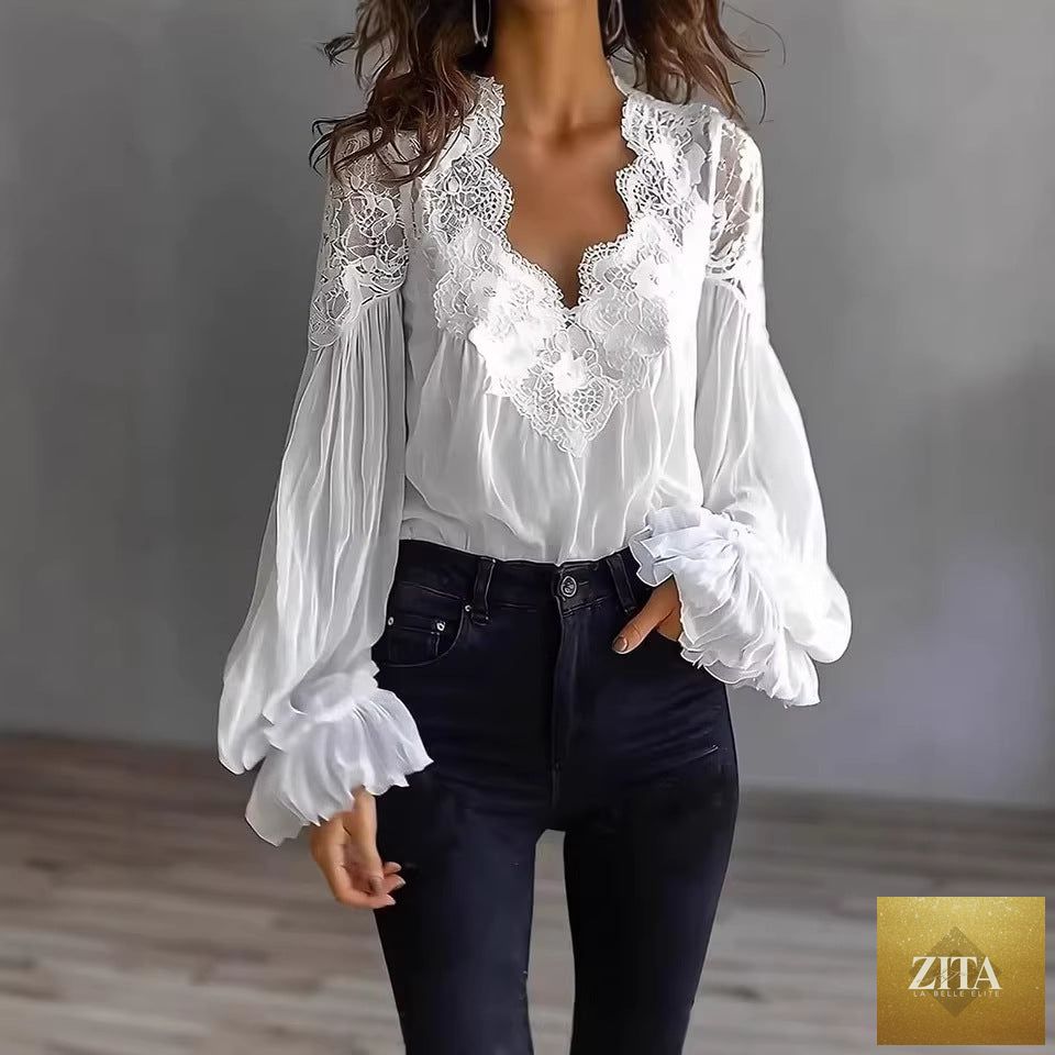Lace-panel puff sleeve pleated ruffle ballet-style top from FitiqueFit, featuring delicate lace details and elegant pleats.