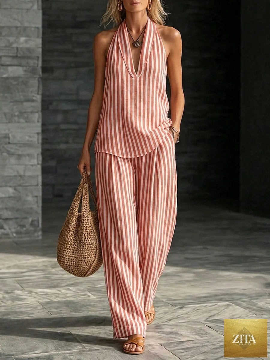 Zita La Belle Elite women's striped sleeveless top and wide-leg pants set, casualwear fashion, casual summer outfit.