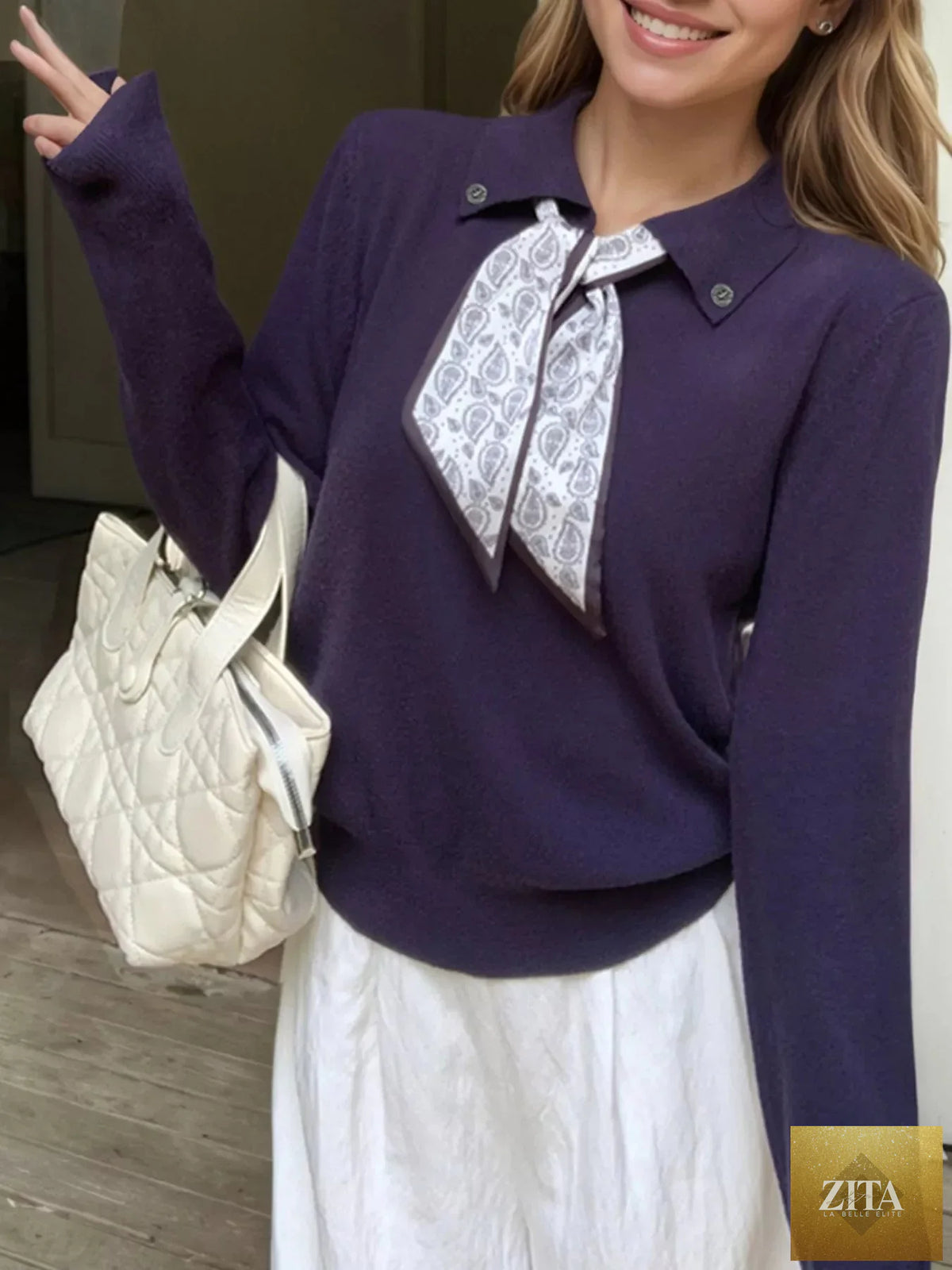 Scarf-Accented Long Sleeve Sweater