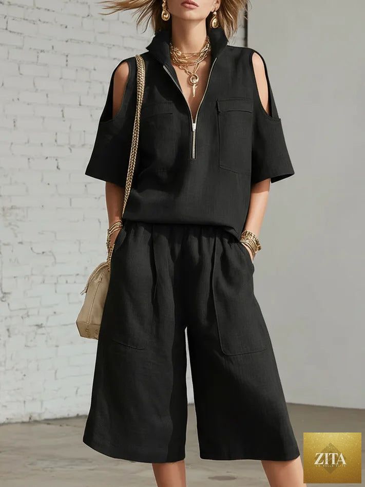 MERIDGE short-sleeve shirt and loose shorts two-piece set with casual fit, displayed on a neutral background.