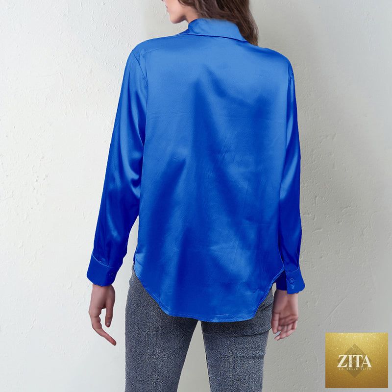 Women’s satin lapel button-down blouse by FitiqueFit, casualwear style, shown in a soft satin fabric with a relaxed fit and front buttons.