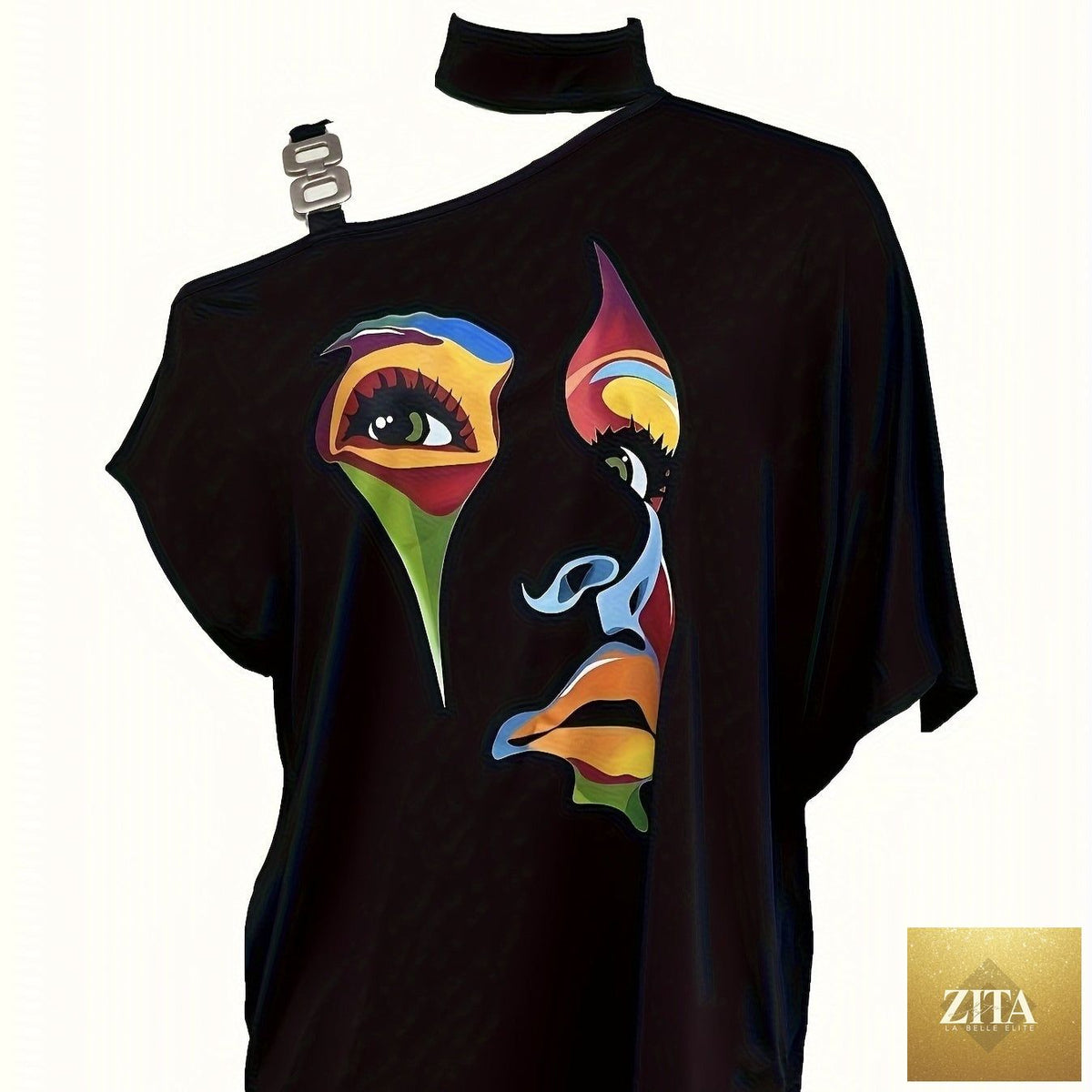 Women’s one-shoulder printed T-shirt by Zita La Belle Elite, casualwear with bold floral design and relaxed fit.