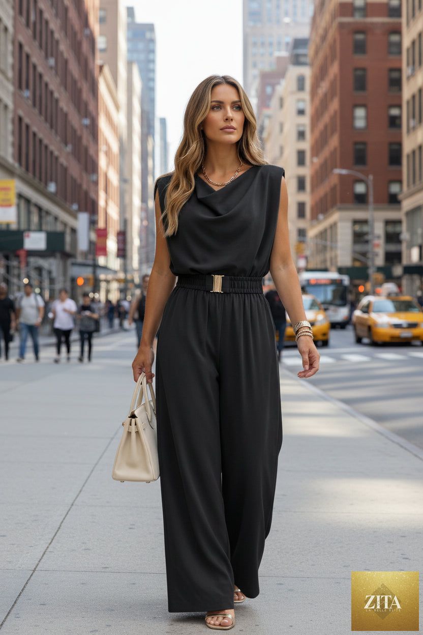 Women's off-shoulder sleeveless wide-leg jumpsuit with high waist and belt by Zita La Belle Elite, casualwear fashion in the image.
