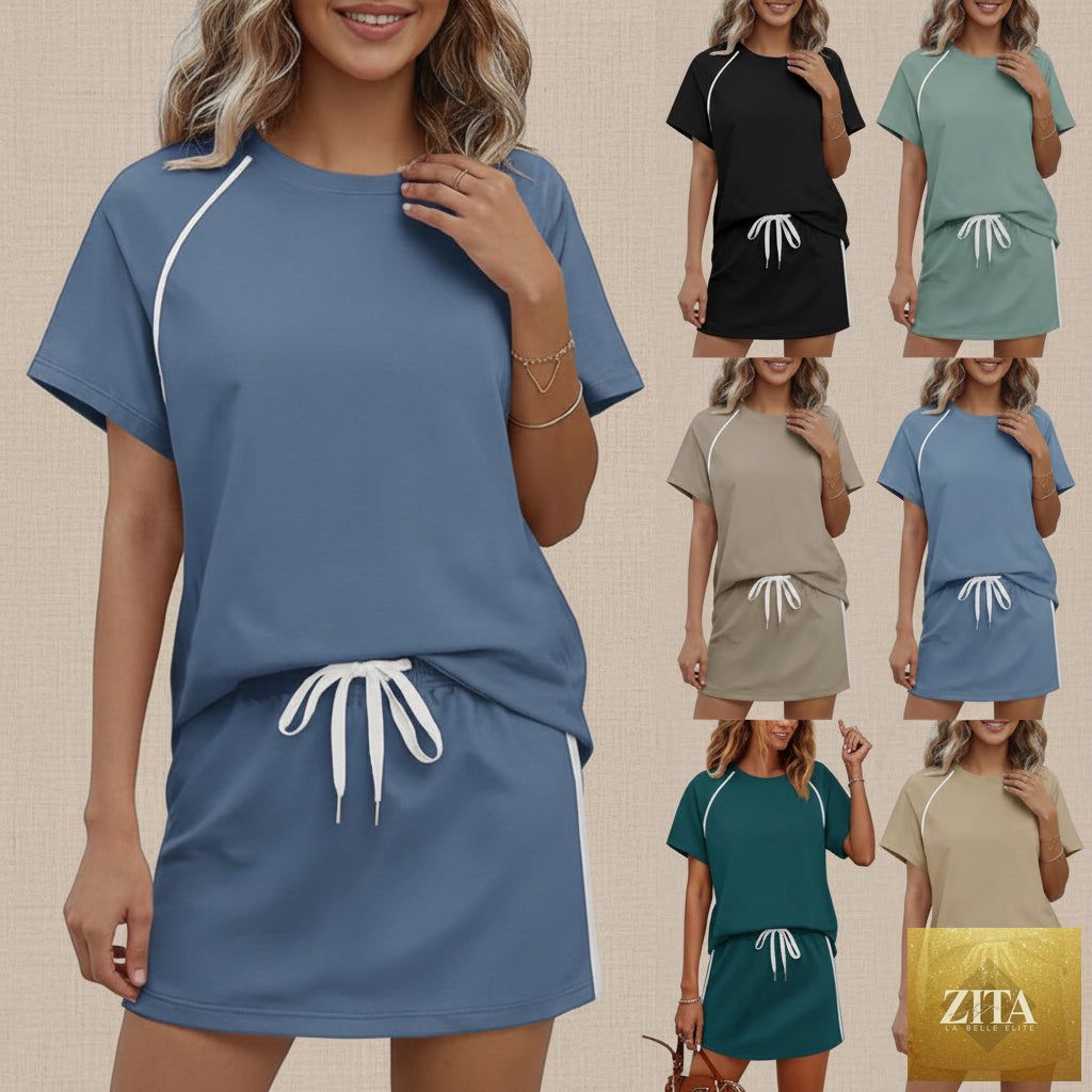 FitiqueFit women's drawstring short-sleeve top and mini skirt set, casual summer outfit, lightweight fabric, natural pose
