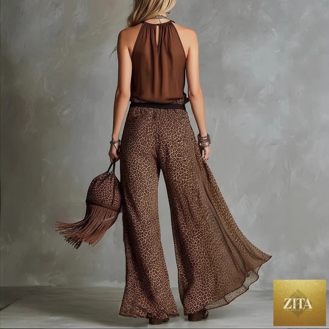 Leopard print sheer wide-leg pants and sleeveless tank top set by Zita La Belle Elite, casualwear ensemble displayed.