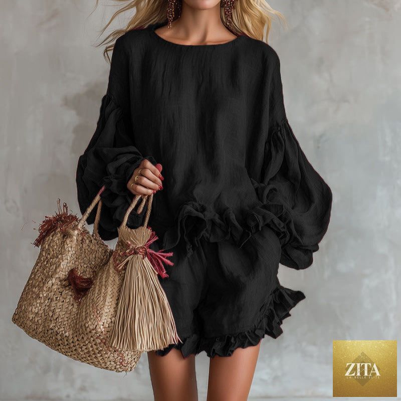Zita La Belle Elite women's casual lantern sleeve top and shorts two-piece set in loose fit, featuring stylish lantern sleeves.
