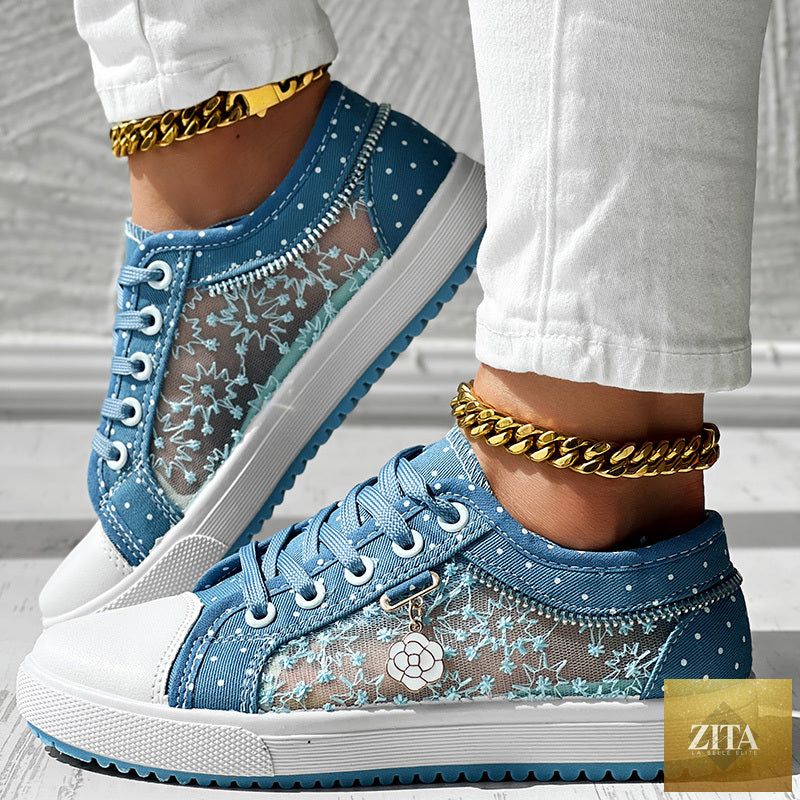 Women's floral embroidered polka dot print sneakers by FitiqueFit, casual canvas shoes with colorful embroidery and polka dot design.